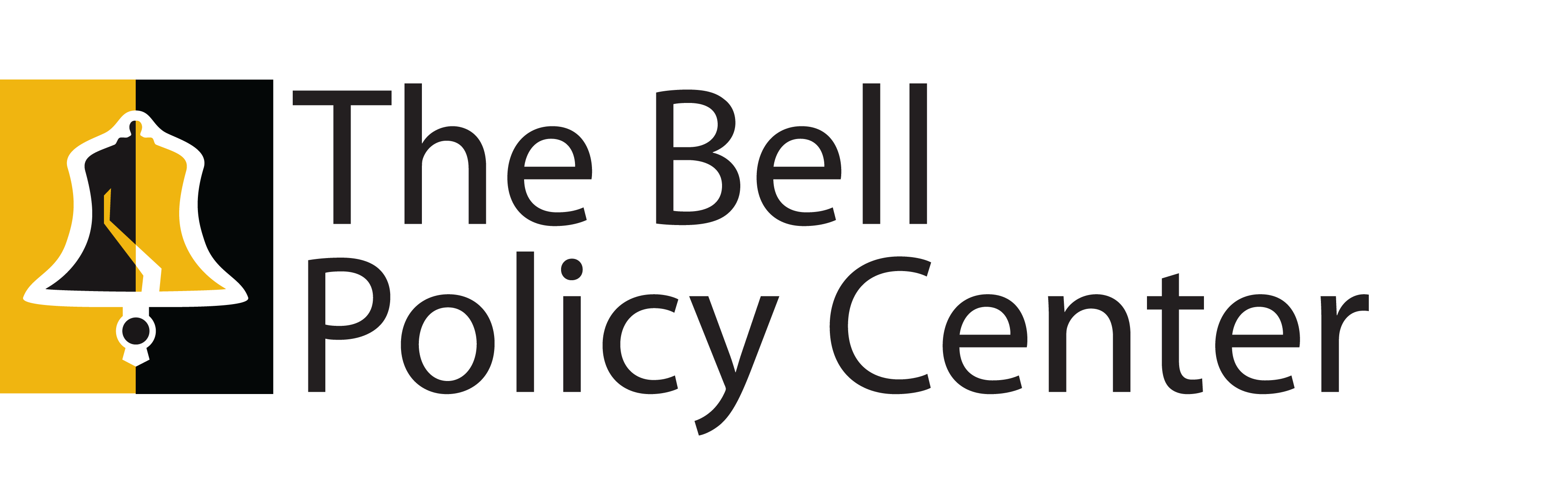 Logo of the bell policy center featuring a bell icon within a yellow rectangle next to the organization's name on a black background.