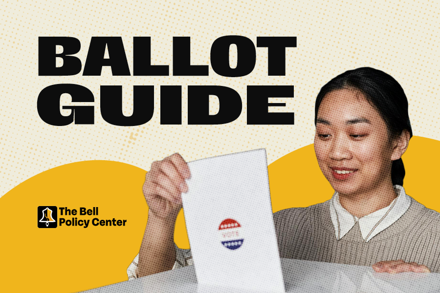 Person holding a ballot, with "2024 Colorado Ballot Guide" text and The Bell Policy Center logo displayed.