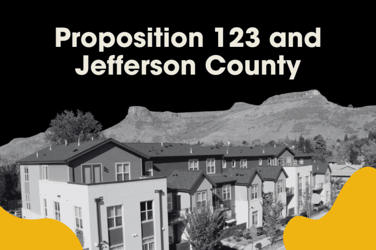 In a black and white image, a multi-story residential building stands against the backdrop of rolling hills. Text reads "Proposition 123 in Jefferson County.