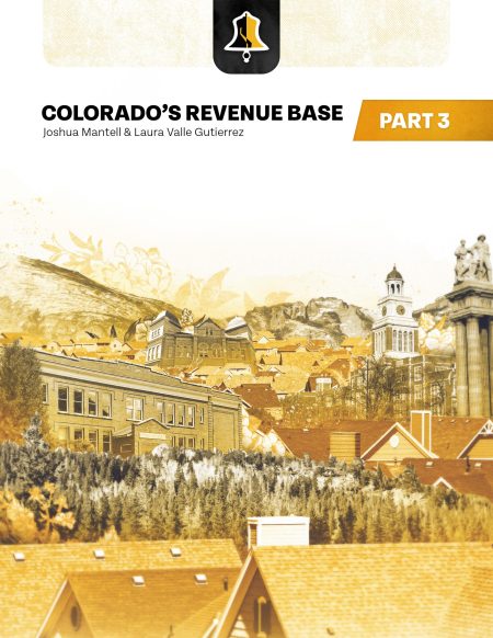 Cover of a report titled "colorado's revenue base part 3" by joshua mantell and laura valle gutierrez, featuring a collage of illustrations and pictures representing the state's infrastructure and economy.