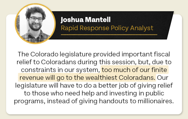Professional portrait of a policy analyst with a quote about providing financial relief to Colorado residents during the legislative session and addressing income disparity.