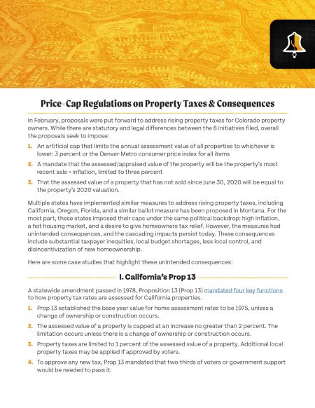 Infographic explaining the consequences of property tax cap regulations and their impact on Colorado's housing market, focusing on Amendment 73 and California's Proposition 13.