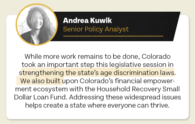 Professional name card featuring Andrea Kuwik, a senior policy analyst, with a brief overview of legislative session accomplishments in Colorado.