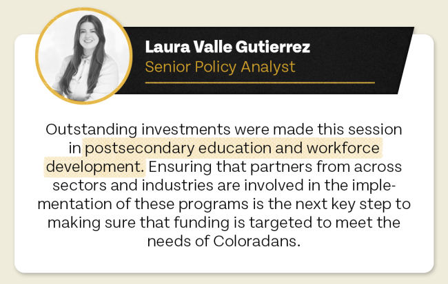 Business card style graphic featuring Laura Valle Gutierrez, a senior policy analyst with a focus on postsecondary education, workforce investments, and legislative session summary.